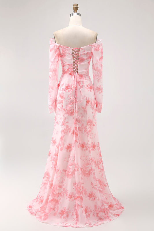 Pink Floral Mermaid Long Sleeves Long Wedding Guest Dress with Slit