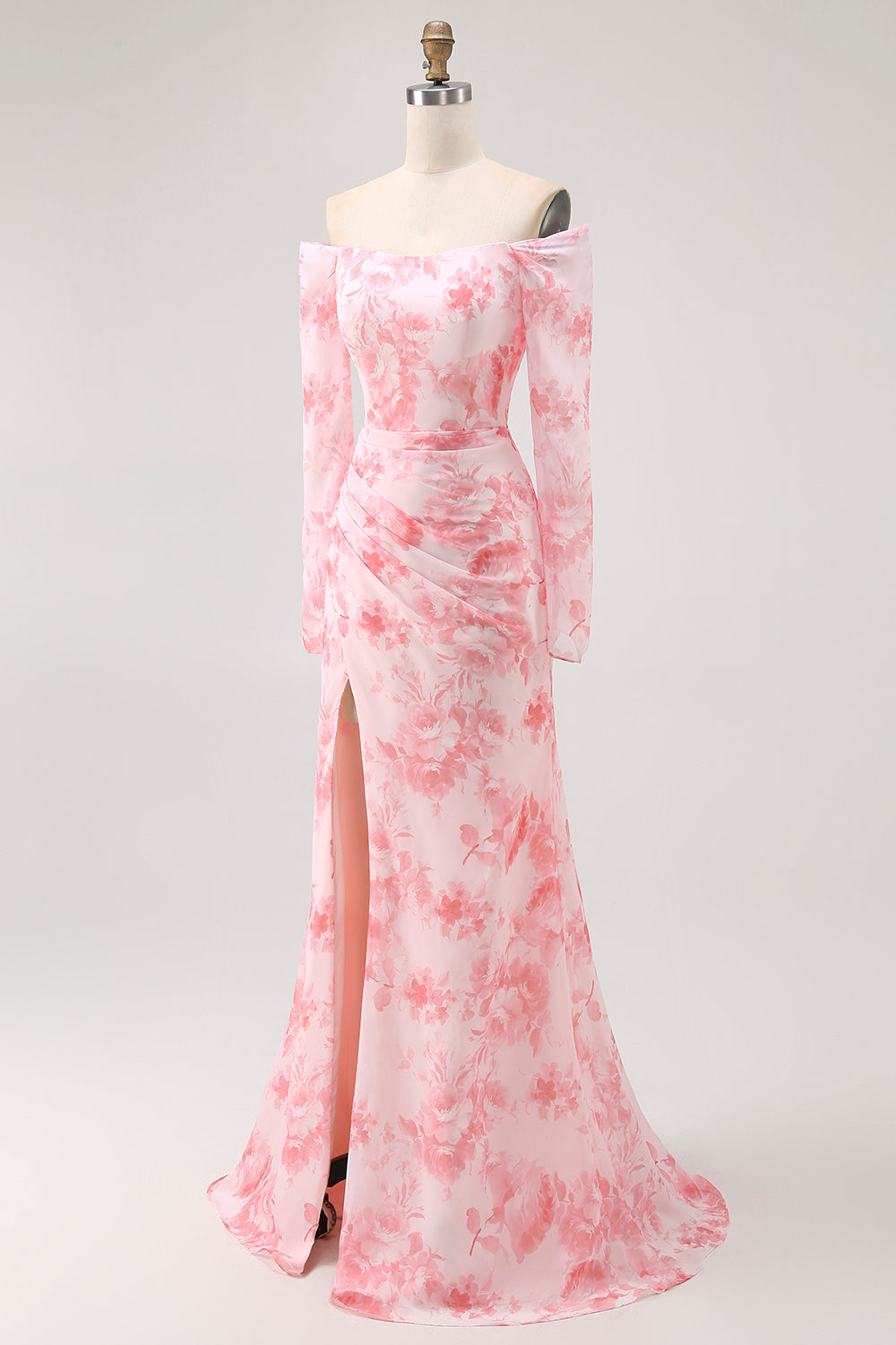 Pink Floral Mermaid Long Sleeves Long Wedding Guest Dress with Slit
