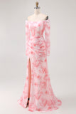 Pink Floral Mermaid Long Sleeves Long Wedding Guest Dress with Slit