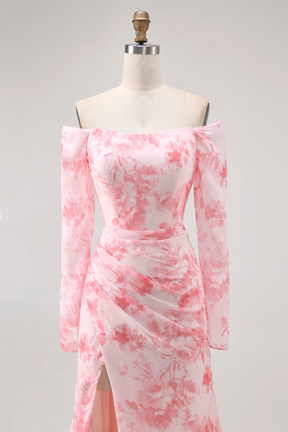 Pink Floral Mermaid Long Sleeves Long Wedding Guest Dress with Slit