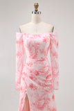 Pink Floral Mermaid Long Sleeves Long Wedding Guest Dress with Slit