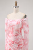 Pink Floral Mermaid Long Sleeves Long Wedding Guest Dress with Slit