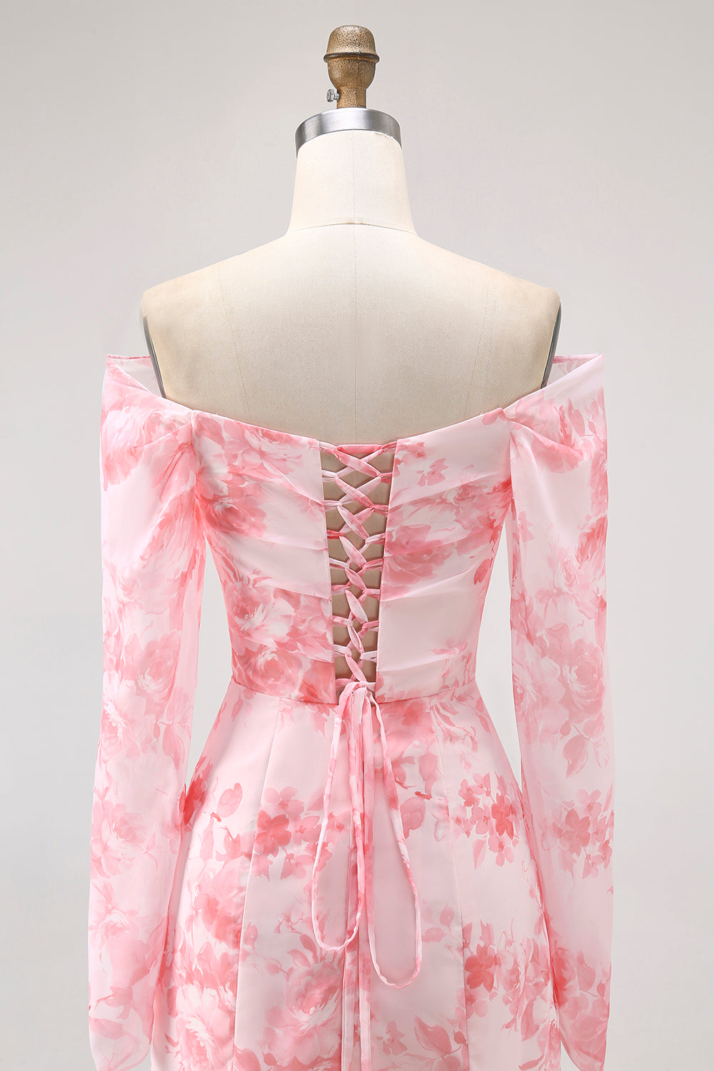 Pink Floral Mermaid Long Sleeves Long Wedding Guest Dress with Slit