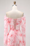 Pink Floral Mermaid Long Sleeves Long Wedding Guest Dress with Slit