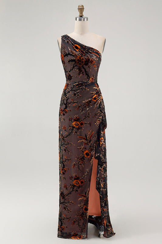 Black Floral Burnout Velvet Long Wedding Guest Dress with Slit