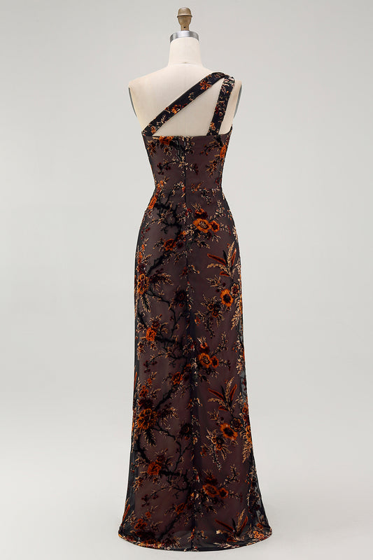 Black Floral Burnout Velvet Long Wedding Guest Dress with Slit