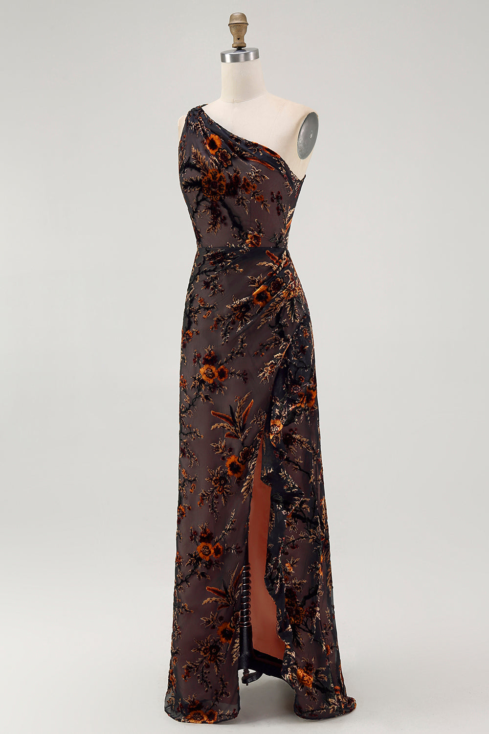 Black Floral Burnout Velvet Long Wedding Guest Dress with Slit