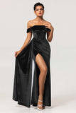 Peacock Green Corset Off the Shoulder Long Velvet Bridesmaid Dress with Slit