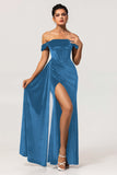 Peacock Green Corset Off the Shoulder Long Velvet Bridesmaid Dress with Slit