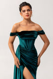 Peacock Green Corset Off the Shoulder Long Velvet Bridesmaid Dress with Slit