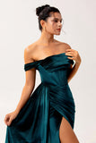 Peacock Green Corset Off the Shoulder Long Velvet Bridesmaid Dress with Slit