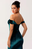 Peacock Green Corset Off the Shoulder Long Velvet Bridesmaid Dress with Slit