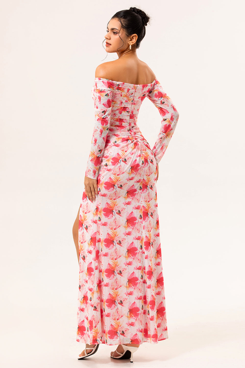 Pink Ruched Floral Long Sleeves Bridesmaid Dress with Slit