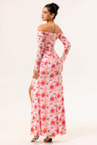 Pink Ruched Floral Long Sleeves Bridesmaid Dress with Slit