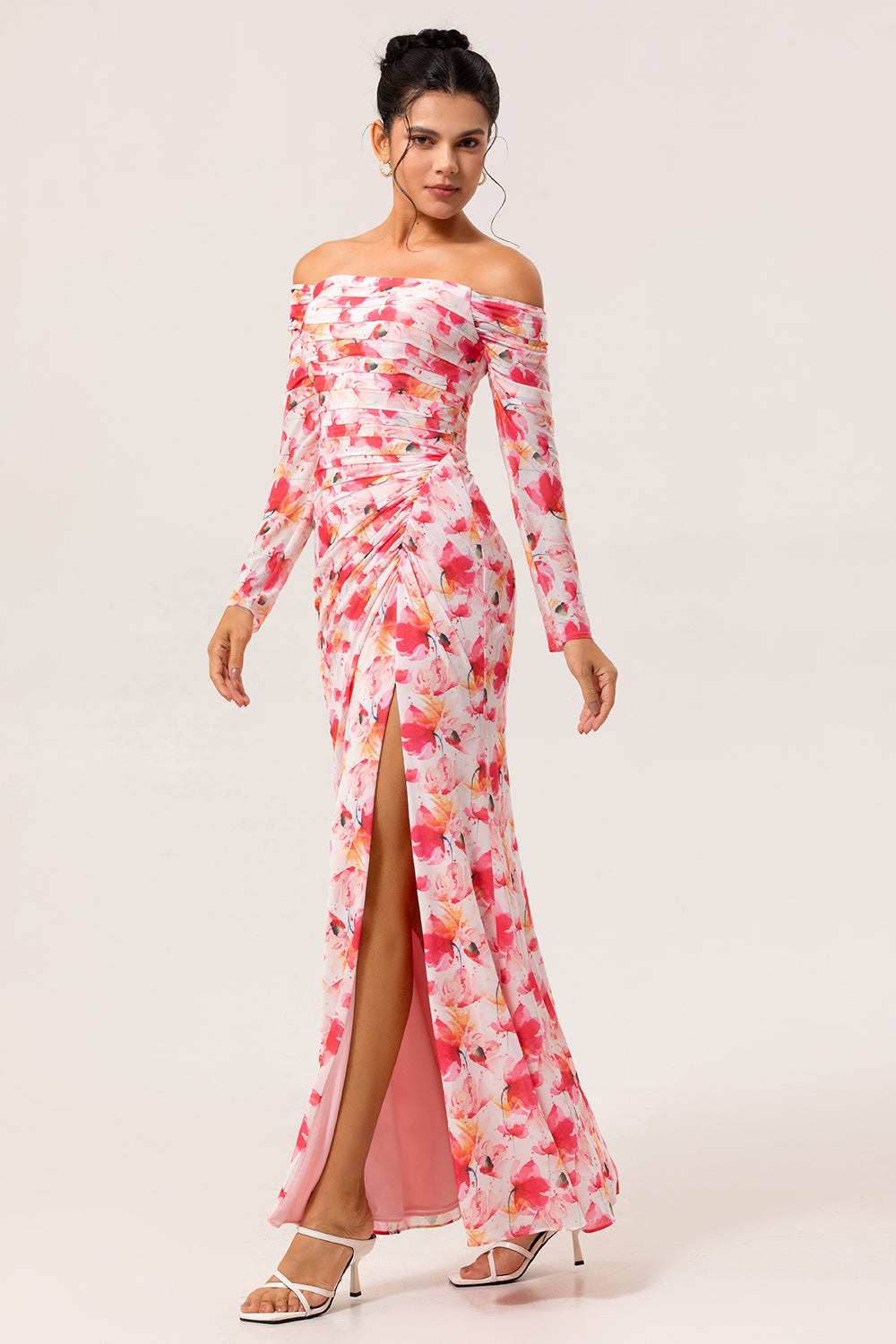 Pink Ruched Floral Long Sleeves Bridesmaid Dress with Slit