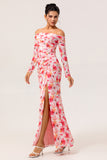 Pink Ruched Floral Long Sleeves Bridesmaid Dress with Slit