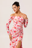 Pink Ruched Floral Long Sleeves Bridesmaid Dress with Slit