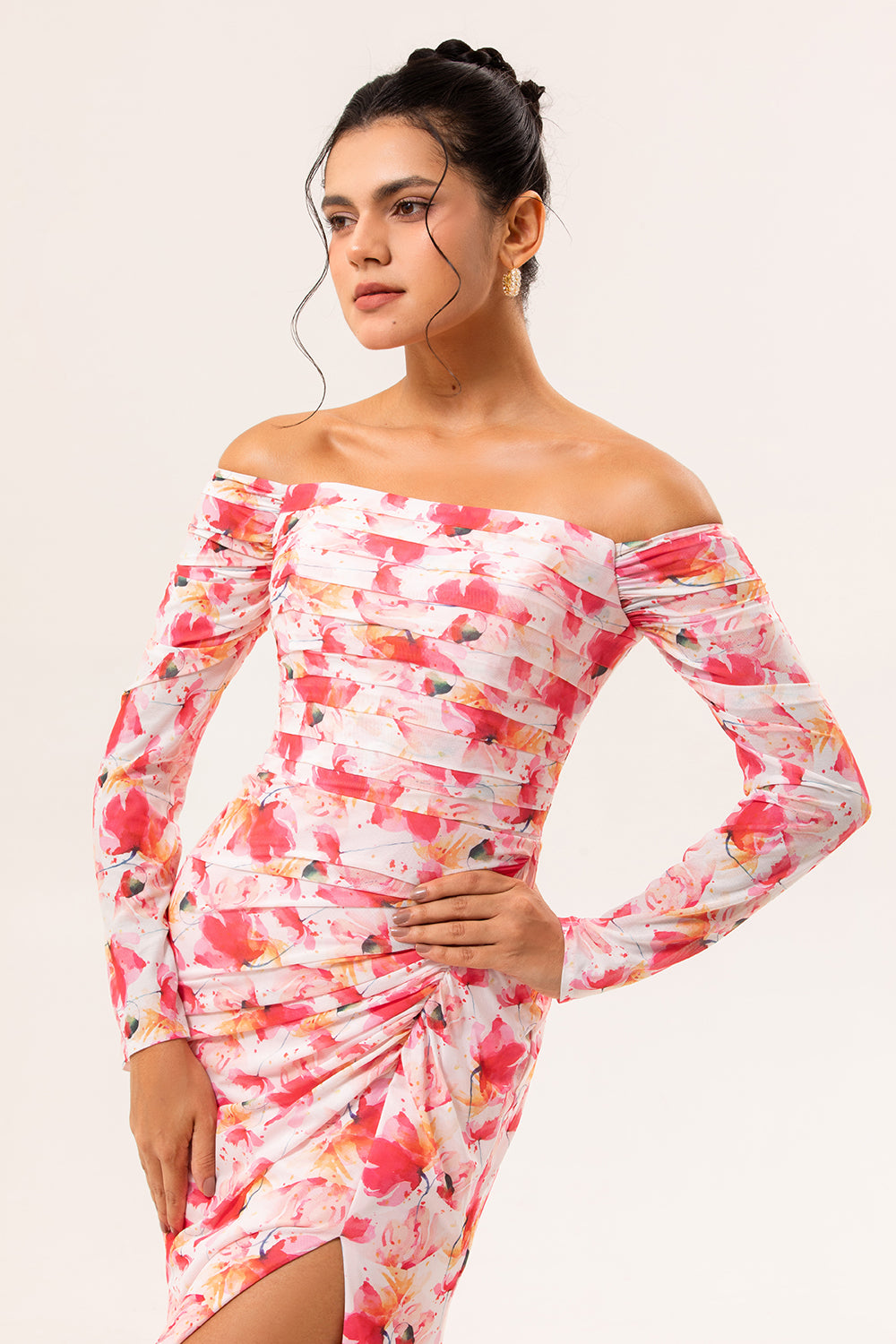 Pink Ruched Floral Long Sleeves Bridesmaid Dress with Slit