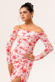 Pink Ruched Floral Long Sleeves Bridesmaid Dress with Slit