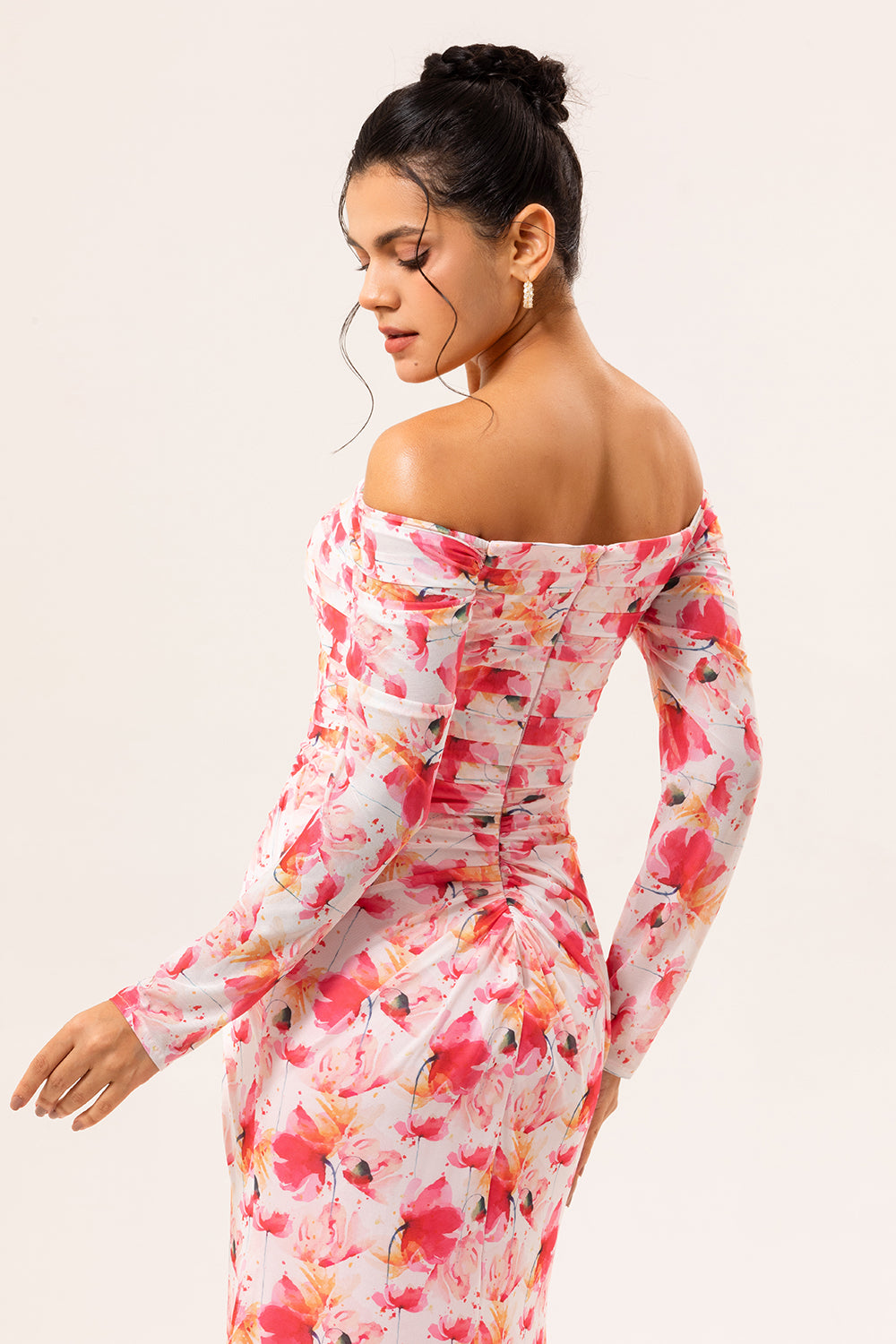 Pink Ruched Floral Long Sleeves Bridesmaid Dress with Slit