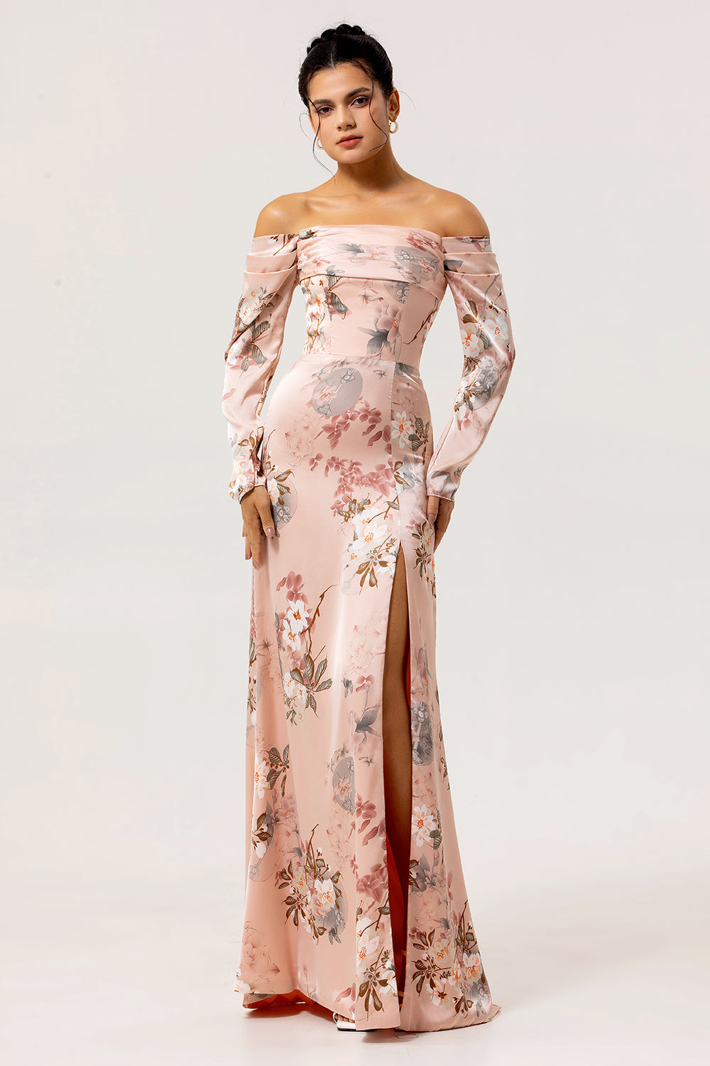 Blush Floral Off the Shoulder Satin Long Bridesmaid Dress with Slit