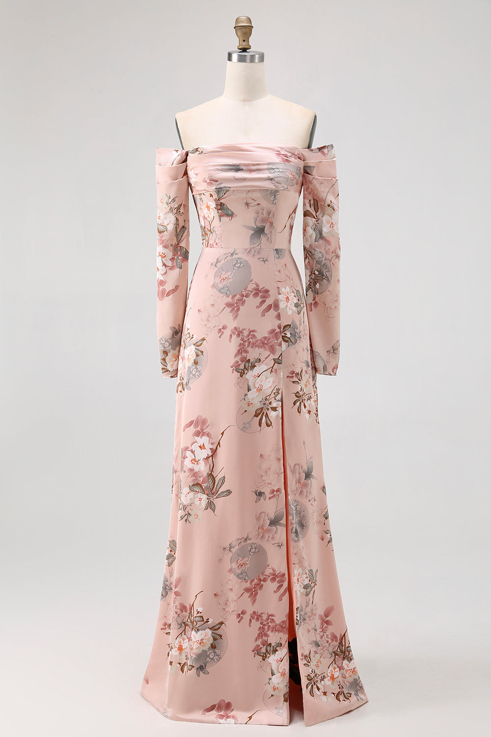 Blush Floral Off the Shoulder Satin Long Bridesmaid Dress with Slit