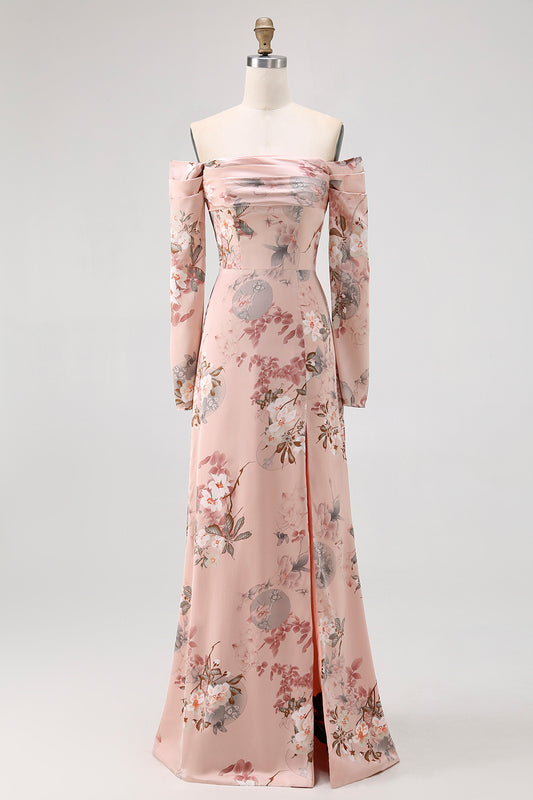 Blush Floral Off the Shoulder Satin Long Bridesmaid Dress with Slit