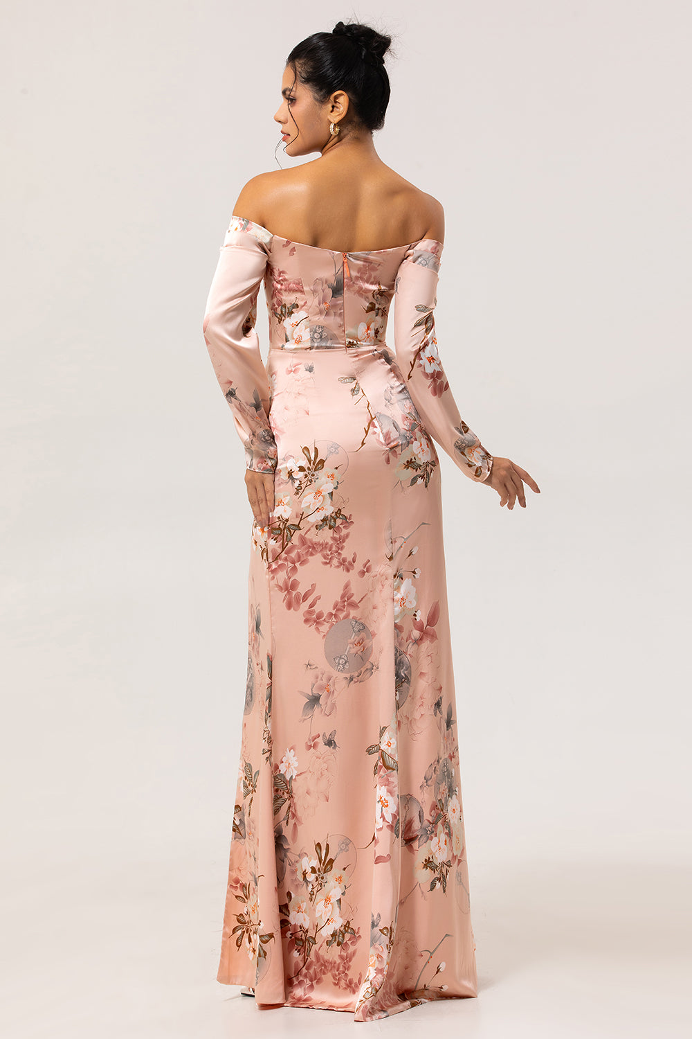 Blush Floral Off the Shoulder Satin Long Bridesmaid Dress with Slit