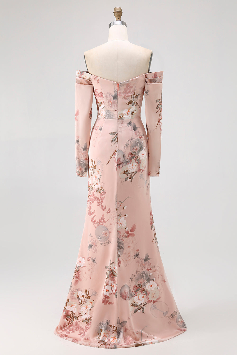 Blush Floral Off the Shoulder Satin Long Bridesmaid Dress with Slit