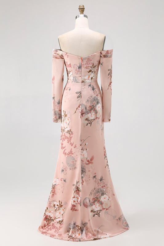 Blush Floral Off the Shoulder Satin Long Bridesmaid Dress with Slit