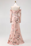 Blush Floral Off the Shoulder Satin Long Bridesmaid Dress with Slit