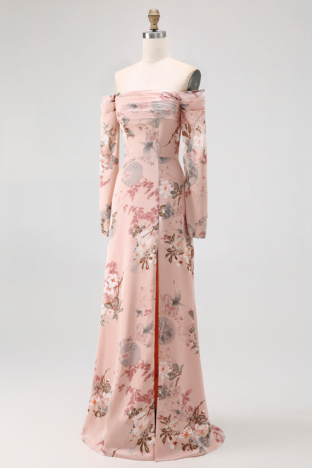Blush Floral Off the Shoulder Satin Long Bridesmaid Dress with Slit