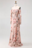 Blush Floral Off the Shoulder Satin Long Bridesmaid Dress with Slit