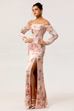 Blush Floral Satin Long Sleeves Bridesmaid Dress with Slit