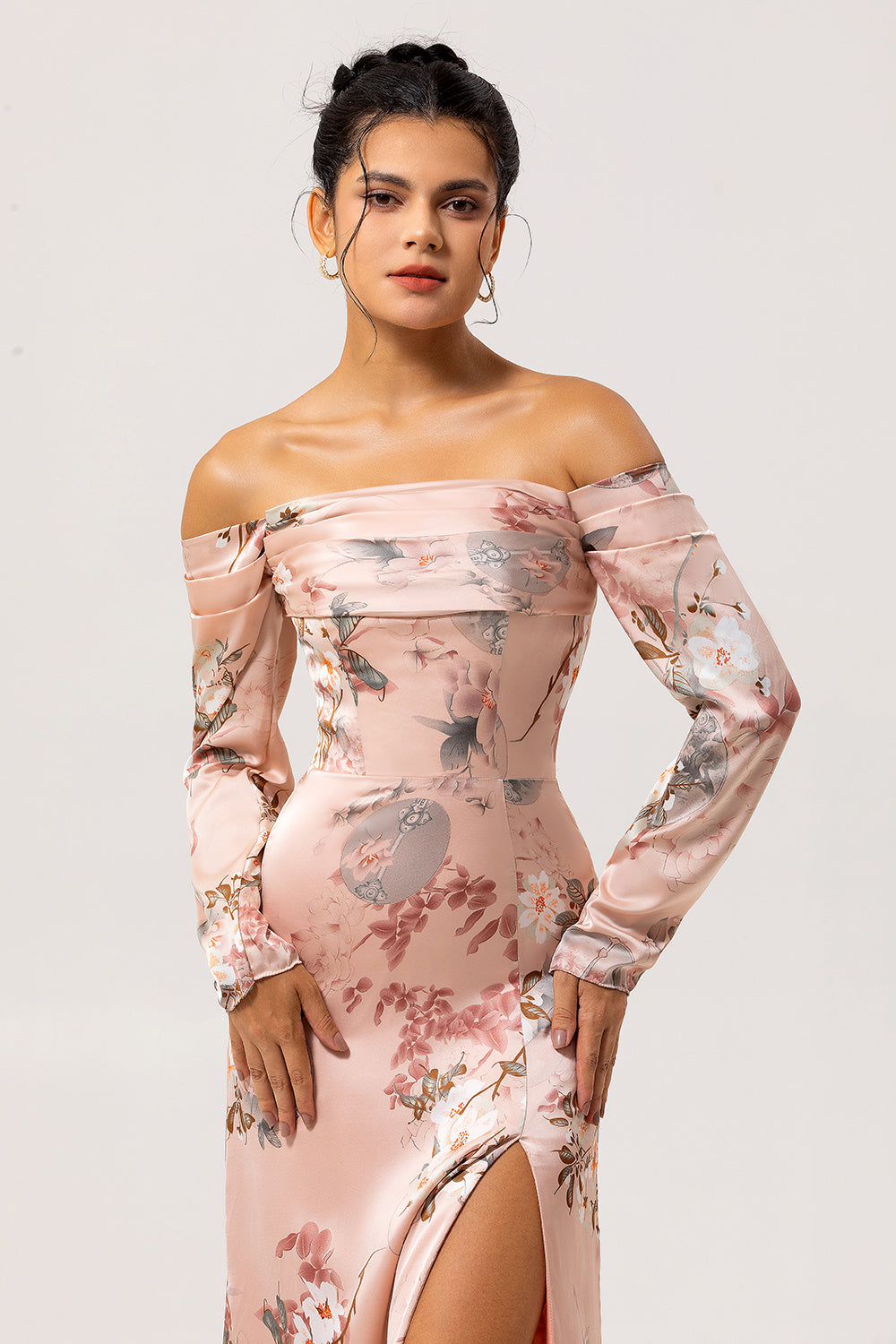 Blush Floral Satin Long Sleeves Bridesmaid Dress with Slit