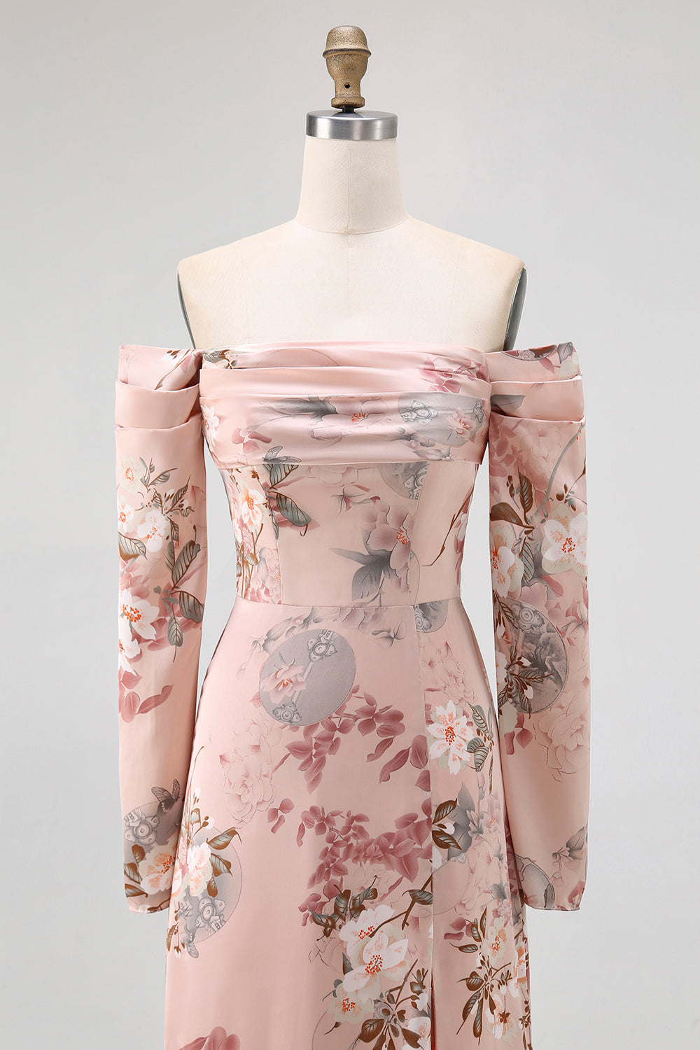 Blush Floral Off the Shoulder Satin Long Bridesmaid Dress with Slit
