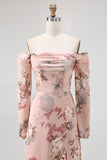 Blush Floral Off the Shoulder Satin Long Bridesmaid Dress with Slit