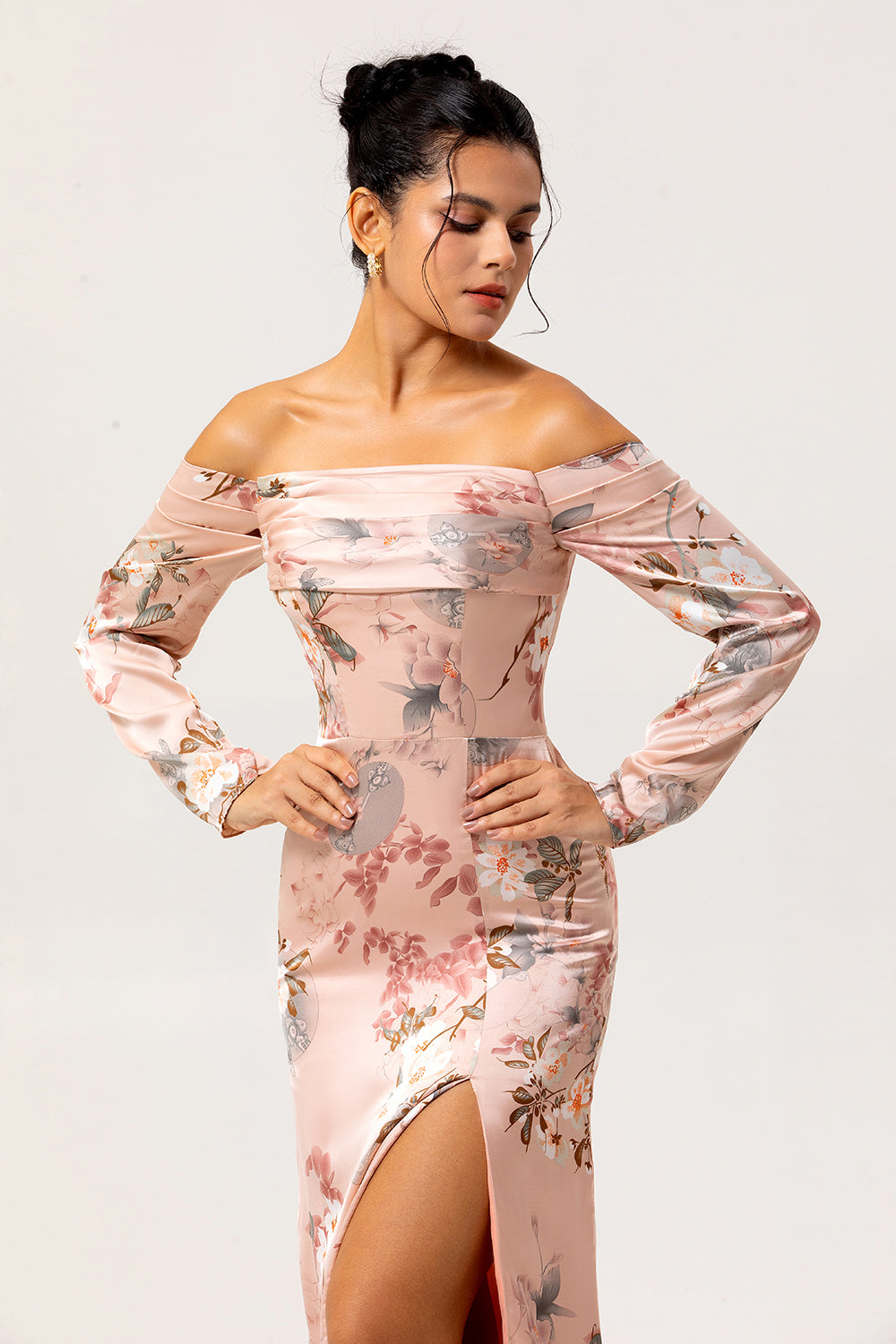 Blush Floral Satin Long Sleeves Bridesmaid Dress with Slit