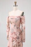 Blush Floral Off the Shoulder Satin Long Bridesmaid Dress with Slit