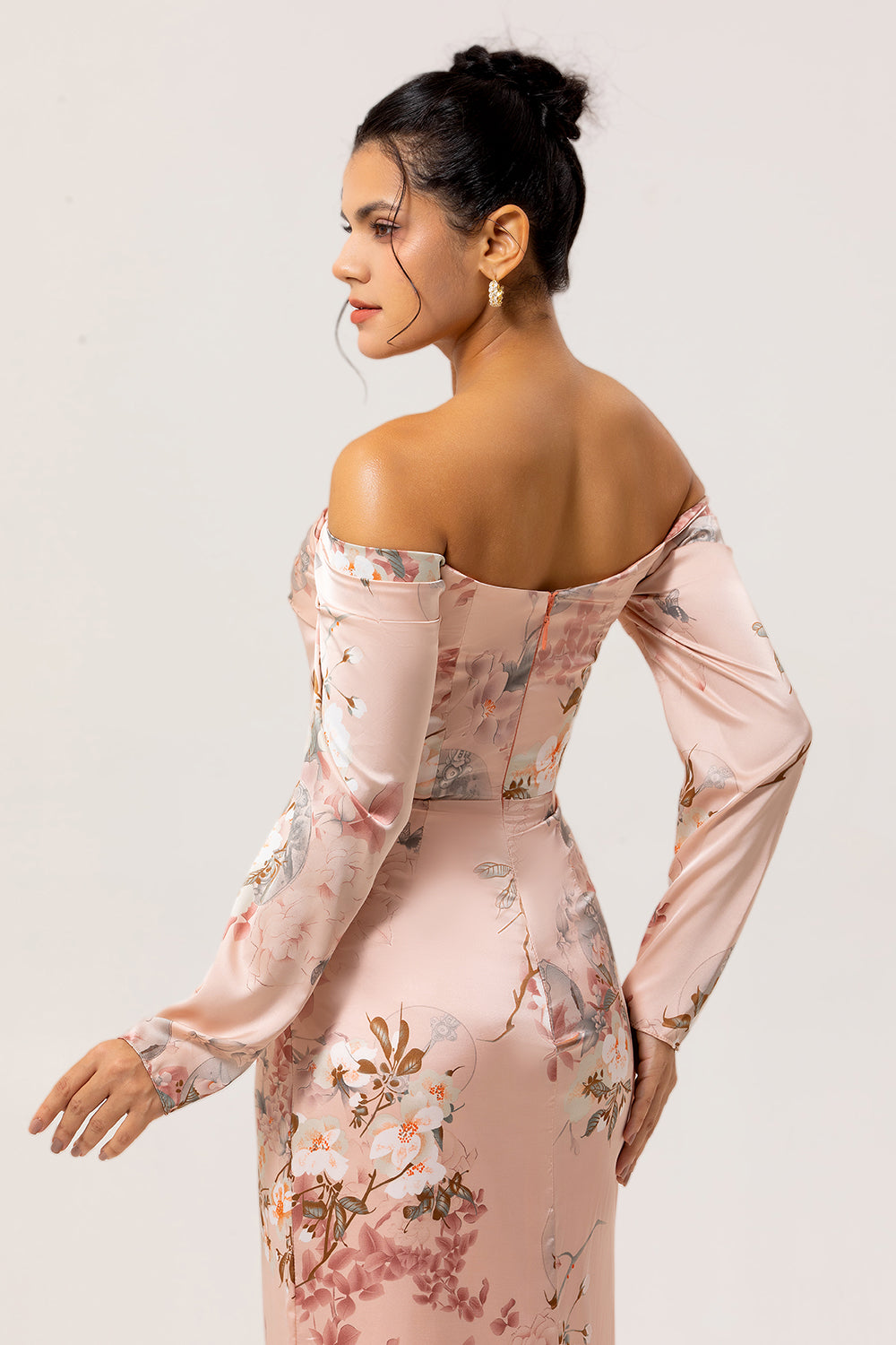 Blush Floral Satin Long Sleeves Bridesmaid Dress with Slit
