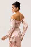 Blush Floral Satin Long Sleeves Bridesmaid Dress with Slit
