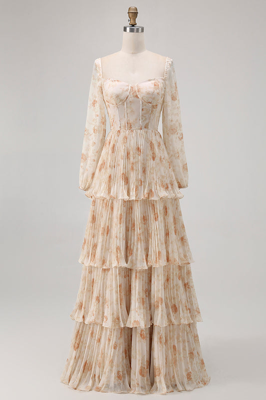 Champagne Floral Corset Tiered Long Bridesmaid Dress with Sleeves