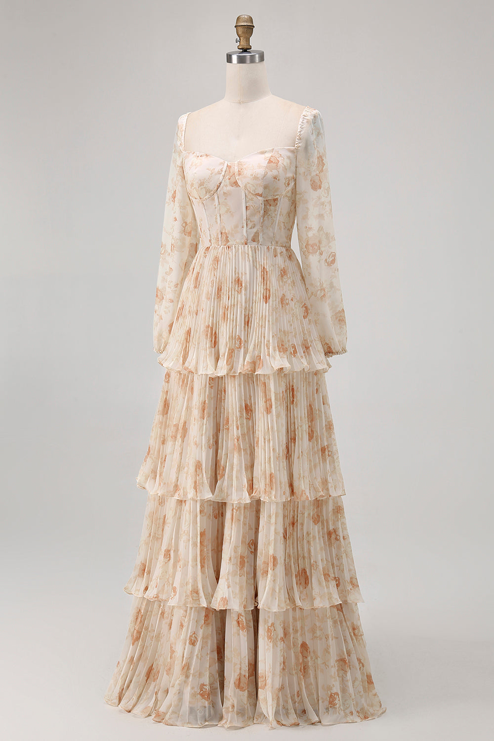 Champagne Floral Corset Tiered Long Bridesmaid Dress with Sleeves