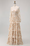 Champagne Floral Corset Tiered Long Bridesmaid Dress with Sleeves