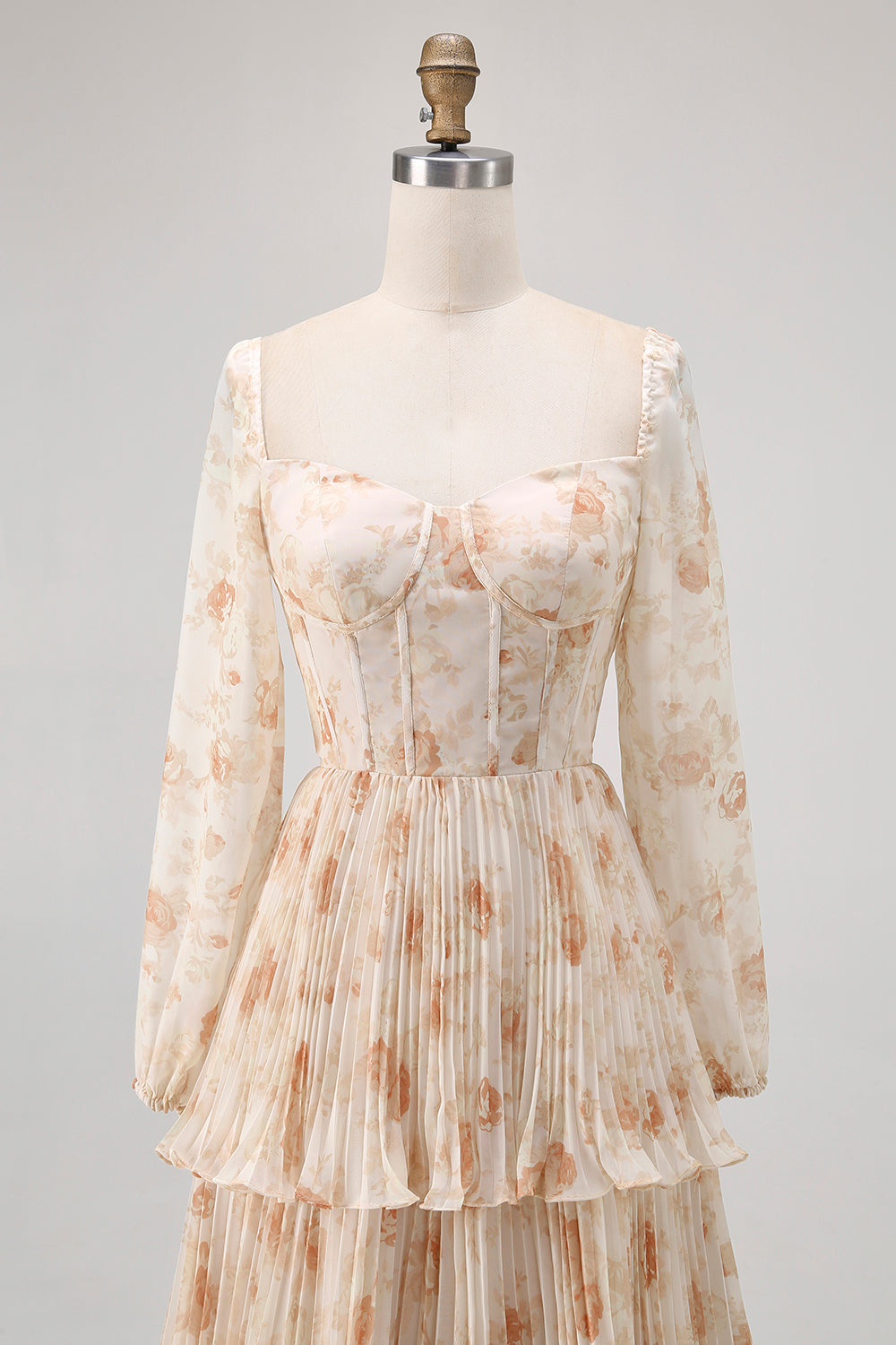 Champagne Floral Corset Tiered Long Bridesmaid Dress with Sleeves