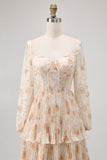 Champagne Floral Corset Tiered Long Bridesmaid Dress with Sleeves