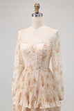 Champagne Floral Corset Tiered Long Bridesmaid Dress with Sleeves