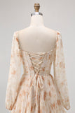 Champagne Floral Corset Tiered Long Bridesmaid Dress with Sleeves