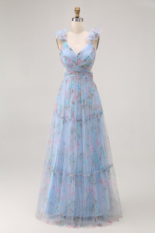 Blue Floral A Line V-Neck Long Bridesmaid Dress with Bow