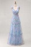 Blue Floral A Line V-Neck Long Bridesmaid Dress with Bow